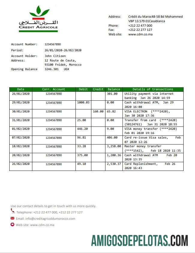 Modelo de extrato bancário do Credit Agricole para impressão em formato Word e PDF, bom para comprovar endereço